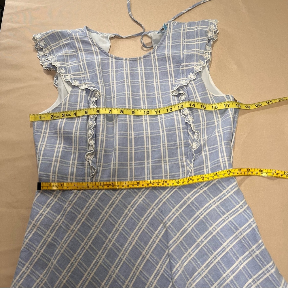 Draper James Linen Blend Embroidered Eyelet Blue White Pinafore Ruffle Dress 12 - Picture 8 of 16